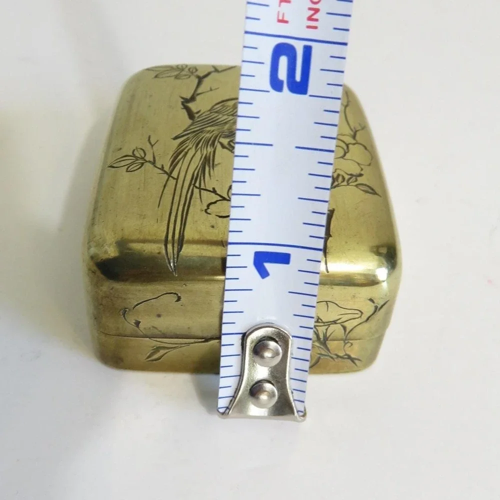 Vintage Asian Brass Trinket Box Bird Flower Engraving Hinged Small‎ Keepsake